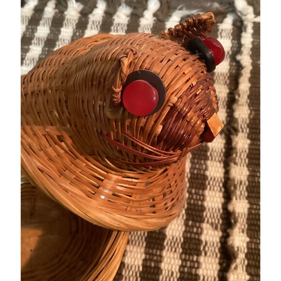 Cute Natural Color Kitty Cat Kitten Woven Basket Removable Lid Red Button Eyes - Picture 8 of 14